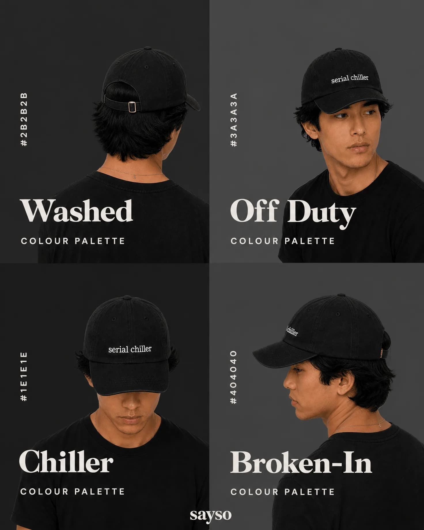 the colour palette — washed black, four ways